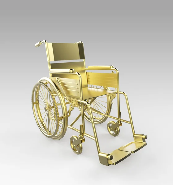 Glossy shiny golden metal wheelchair isolated on light background rendering. — Stock Photo, Image