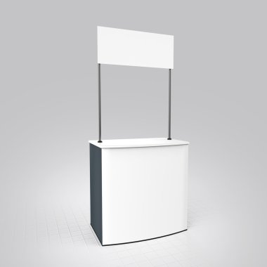 Promosyon sayacı, perakende ticaret Stand izole beyaz arka plan üzerinde. Mockup tasarım şablonu. Render