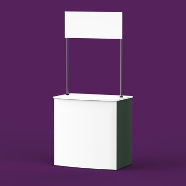 Promosyon sayacı, perakende ticaret Stand izole beyaz arka plan üzerinde. Mockup tasarım şablonu. Render