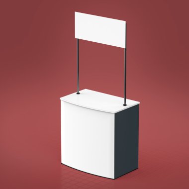 Promosyon sayacı, perakende ticaret Stand izole beyaz arka plan üzerinde. Mockup tasarım şablonu. Render