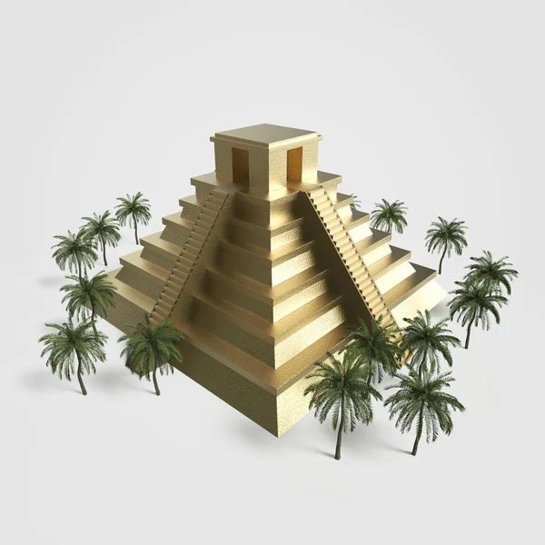 Precious golden metal Mexican Mayan Aztec Pyramid, high quality render isolated. with palm trees — Stock Photo, Image