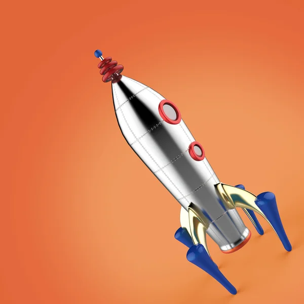 Nave espacial cohete colorido vintage con el cuerpo remachado y dos ventanas símbolo de la puesta en marcha exitosa negocio renderizar aislado estilo de tecnología retro —  Fotos de Stock