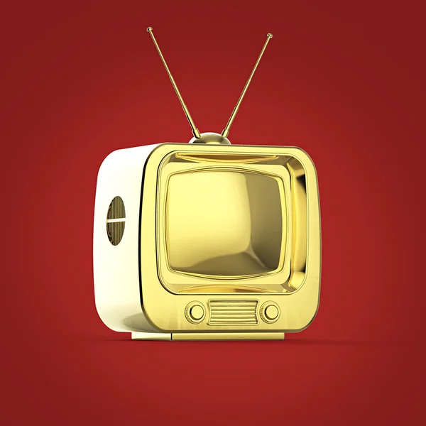 클래식 디자인 레트로 Tv 황금 빛나는 광택 부드러운 그림자와 함께 고립 된 렌더링 — 스톡 사진