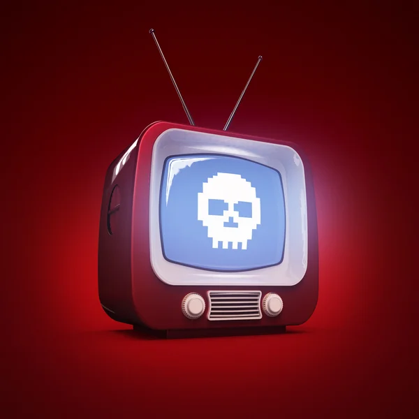 Design clássico TV retro com escudo de plástico de cor brilhante e ícone de crânio de pixel na tela isolado sombra suave renderizar metáfora de horror — Fotografia de Stock