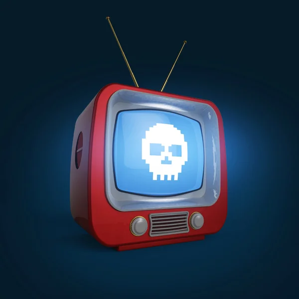 Design clássico TV retro com escudo de plástico de cor brilhante e ícone de crânio de pixel na tela isolado sombra suave renderizar metáfora de horror — Fotografia de Stock