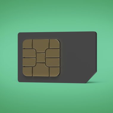 Sim kart konsepti: renkli arka plan üzerinde izole altın mikroçip yansıma etkisi gölge render