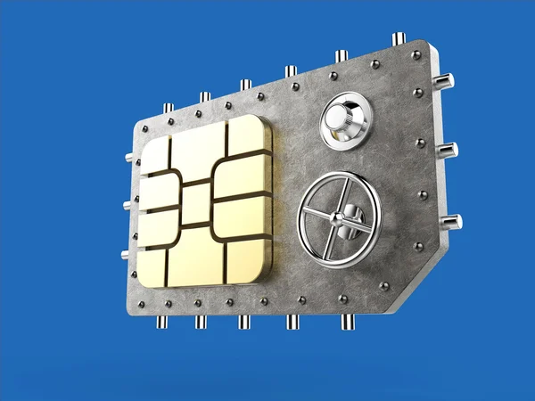 sim card as vault safe, mobile online connectivity security concept. high safety level metaphor, web protection technology render isolated