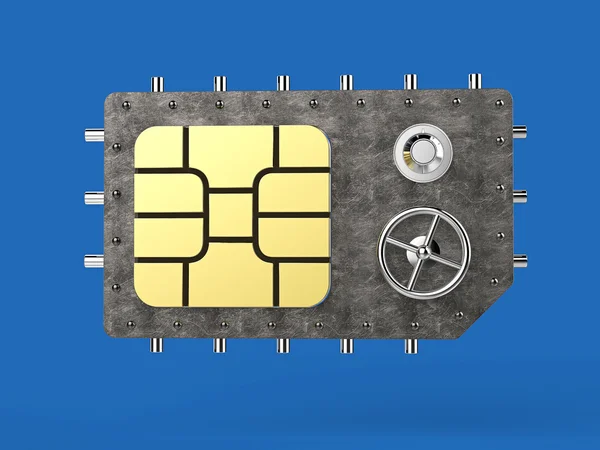 sim card as vault safe, mobile online connectivity security concept. high safety level metaphor, web protection technology render isolated