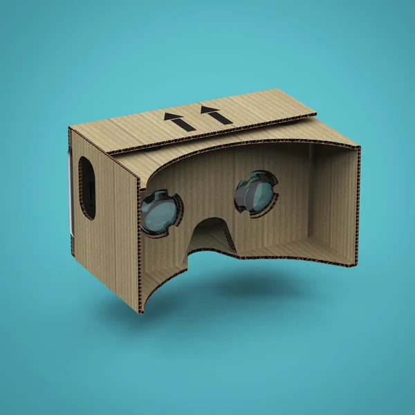 Виртуальные очки глазной одежды картонные головное оборудование VR шлем, устройство дополненной реальности с мобильным телефоном внутри оказываются изолированными — стоковое фото