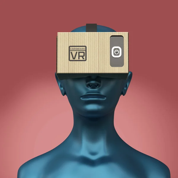 Εικονική πραγματικότητα χαρτόνι ακουστικά σε χρώμα θηλυκό πλαστικό κεφάλι μανεκέν, υψηλής ποιότητας απομονωμένη απόδοση — Φωτογραφία Αρχείου
