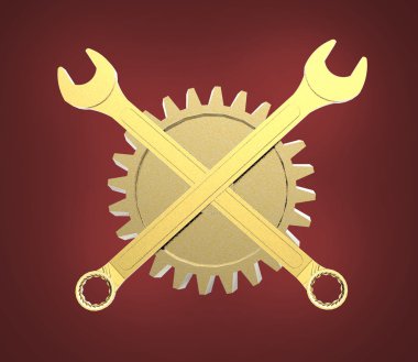 Altın anahtarlar kırmızı arka plan alt görünümünde izole dişli çarkı önünde geçti