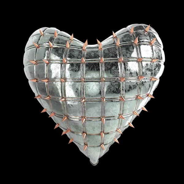 Corazón acolchado con plata, metal rizado, picos de acero en la superficie, renderizado de fondo negro aislado. BDSM estilo de San Valentín . — Foto de Stock