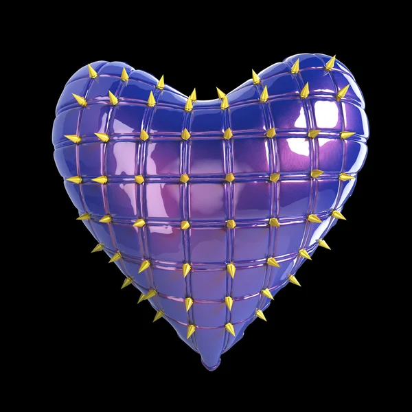 Gewatteerde hart met zilver, kinky metaal, stalen spikes op het oppervlak, geïsoleerde zwarte achtergrond rendering. BDSM stijl Valentine. — Stockfoto
