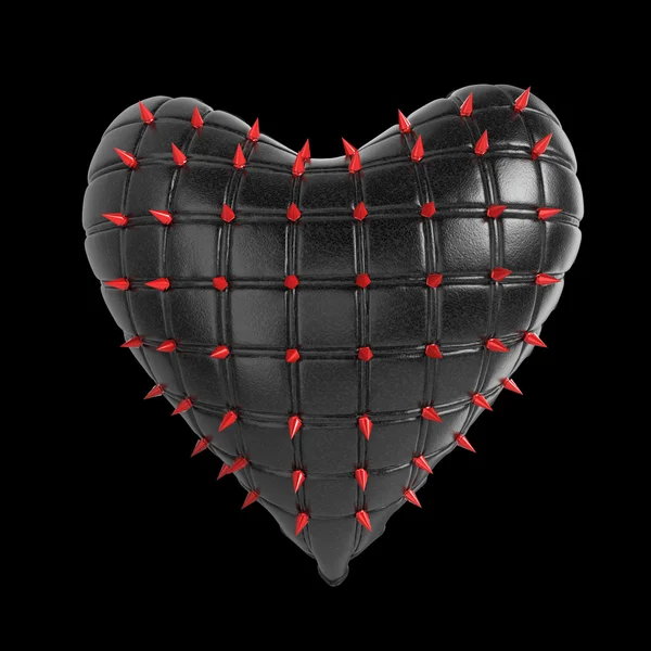 Corazón acolchado con plata, metal rizado, picos de acero en la superficie, renderizado de fondo negro aislado. BDSM estilo de San Valentín . — Foto de Stock