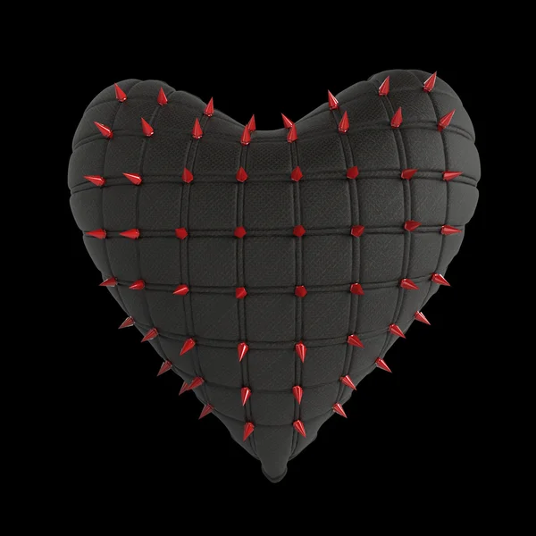 Corazón acolchado con plata, metal rizado, picos de acero en la superficie, renderizado de fondo negro aislado. BDSM estilo de San Valentín . — Foto de Stock