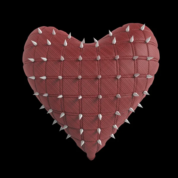 Prošívené srdce stříbrným, poskvrněného kovu, ocelovými hroty na povrchu a izolované černé vykreslování pozadí. Valentýn ve stylu BDSM. — Stock fotografie