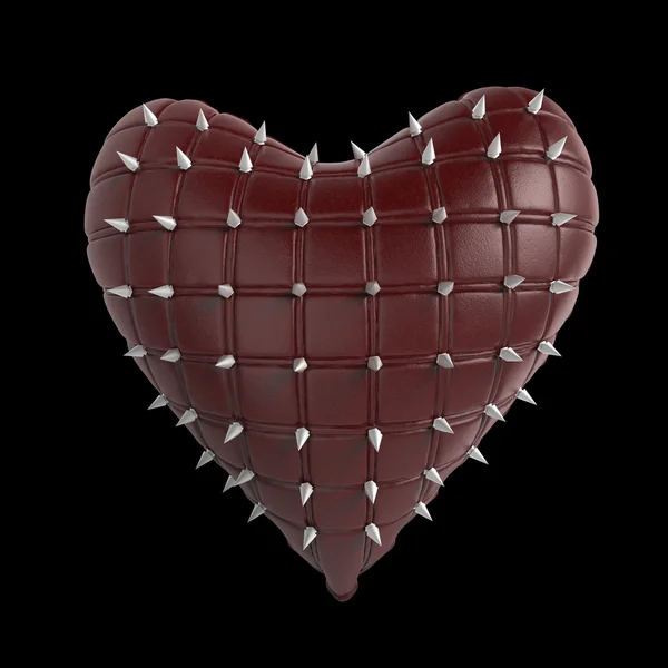 Gewatteerde hart met zilver, kinky metaal, stalen spikes op het oppervlak, geïsoleerde zwarte achtergrond rendering. BDSM stijl Valentine. — Stockfoto