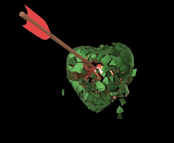 Зламане глянцеве металеве серце зі стрілою ізольоване на чорному тлі. День святого Валентина шаблон рендеринга — стокове фото
