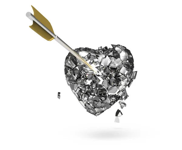 Cuore metallico lucido rotto con freccia isolata su sfondo nero. Giorno di San Valentino poster modello di rendering — Foto Stock