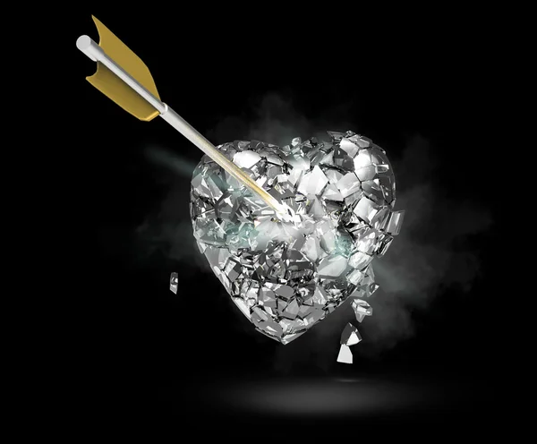 Gebrochenes metallisch glänzendes Herz mit Pfeil isoliert auf schwarzem Hintergrund. Valentinstag Plakatvorlage rendern — Stockfoto
