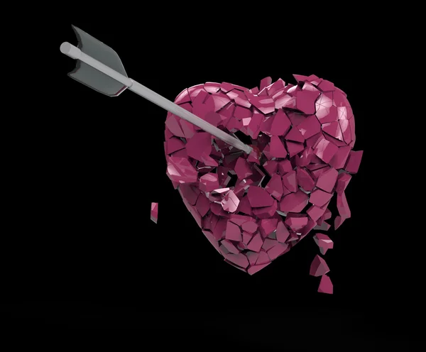 黒い背景に隔離された矢印を持つ壊れた光沢のある金属の心。バレンタインデーのポスターテンプレートレンダリング — ストック写真