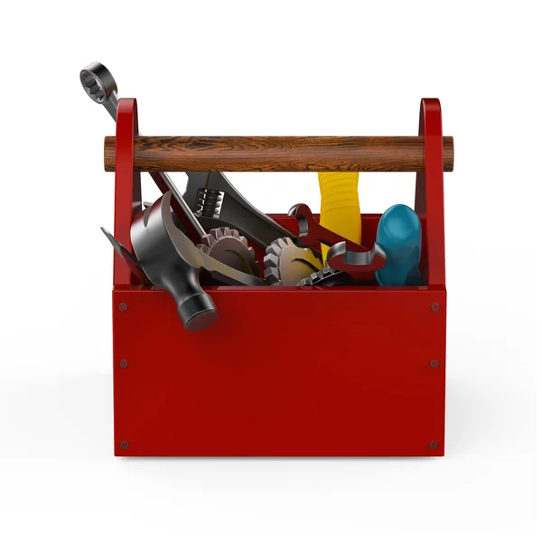 ツール付きの赤いツールボックス。スクワリュードライバー、ハンマー、ハンドソー、レンチ。建設中、メンテナンス、修正、修理、プレミアムサービス。高品質のレンダリング、分離. — ストック写真