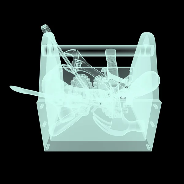 Visão de raio-x da caixa de ferramentas com ferramentas dentro, chave inglesa, chave de fenda, martelo, martelo. renderização de alta qualidade. ilustração para segurança de serviço, transparência, manutenção de tecnologia . — Fotografia de Stock