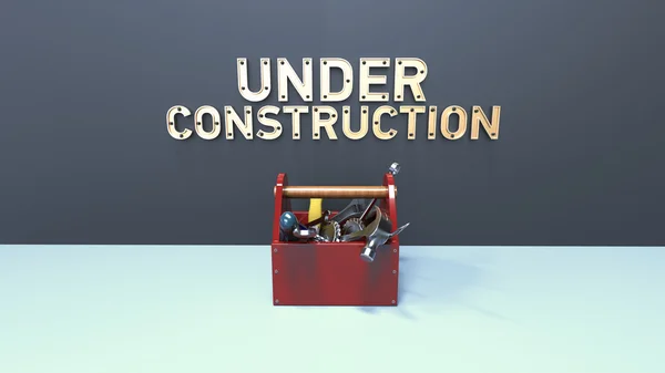Website under construction concept with letters made out of metal and bolts,  toolbox full  tools in front  the wall. High quality rendering. — Stock Photo, Image