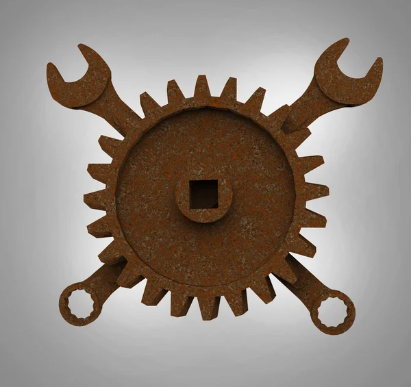 Jolly rodger made of rusty wrenches and gearwheels, fallout post apocalyptic style mechanic emblem render side view — Stock Photo, Image