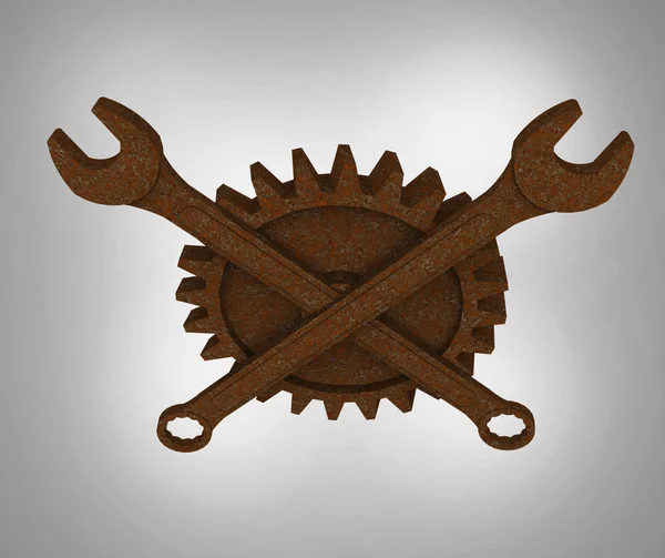 Neşeli rodger paslı anahtarları ve dişli çark, serpinti sonrası kıyamet tarzı mekanik amblem yan görünüm render yapılmış — Stok fotoğraf