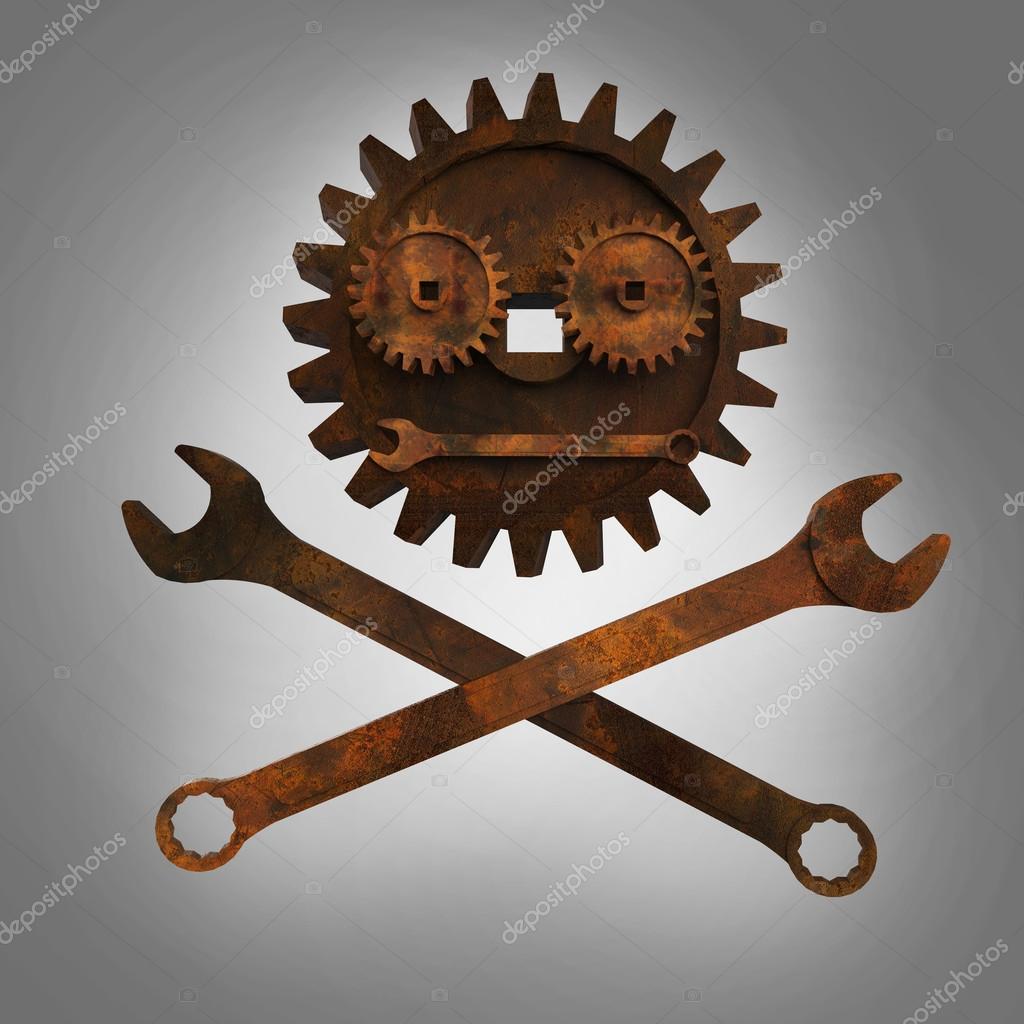 Jolly rodger made of rusty wrenches and gearwheels, fallout post apocalyptic style mechanic emblem 3d render side view