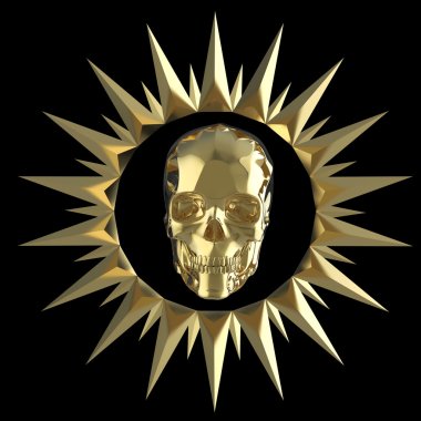 shiny gold metal skull on matte golden plate with   spikes around,isolated  black, pirates crest. render