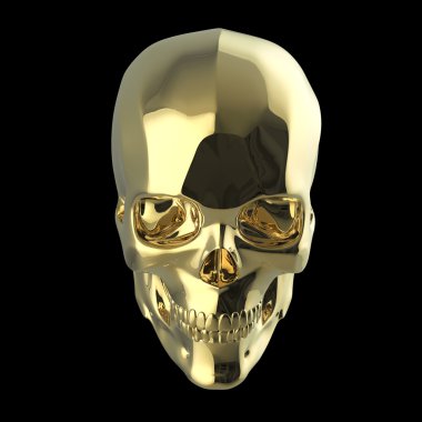 altın parlak cilalı metal kafatası siyah arka plan üzerinde izole render