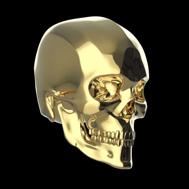 altın parlak cilalı metal kafatası siyah arka plan üzerinde izole render