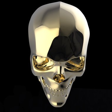 altın parlak cilalı metal kafatası siyah arka plan üzerinde izole render