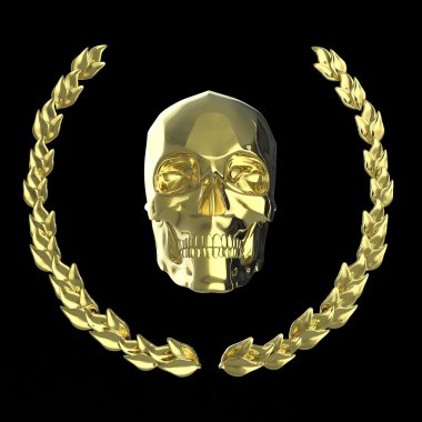 golden skull surrounded with goldel laurel leaves isolated on black background rendering clipart