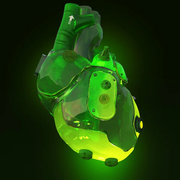 Verde translucid acid toxic strălucitor techno inima cibernetică, izolat pe fundal întunecat randare — Fotografie, imagine de stoc