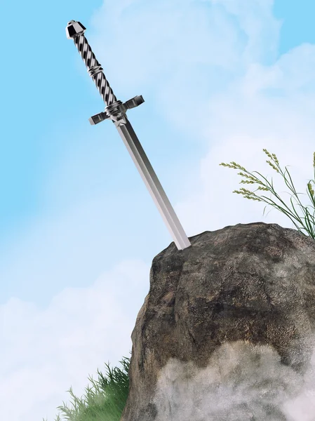 Sword Excalibur King Arthur fastnat i sten stenen isolerade Render. metafor för kandidaten sökande test — Stockfoto