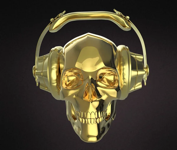 스튜디오 이어폰이 달린 반짝이는 황금빛 인간의 두개골, 측면 보기 렌더링. 할로윈 파티 포스터 템플릿입니다. 격리된 어두운 배경 — 스톡 사진