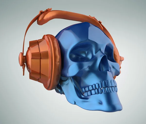 Brillante azul pintura metálica cráneo humano con auriculares de estudio naranja en, vista de renderizado. Plantilla de cartel fiesta Halloween. Fondo de luz aislado — Foto de Stock