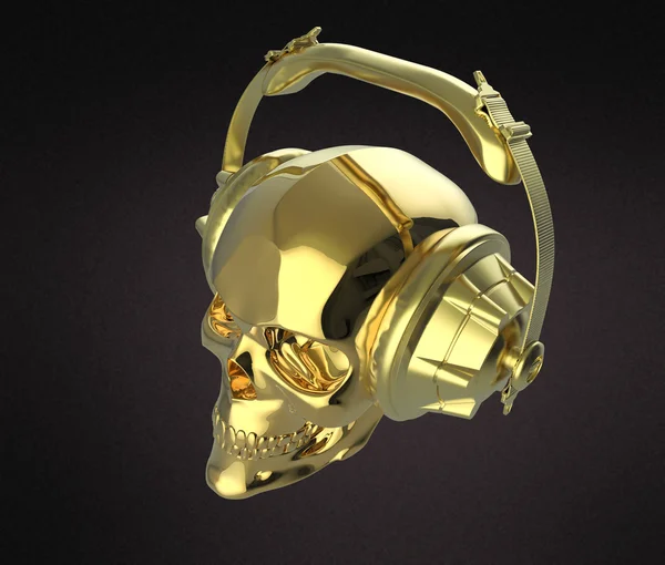 Brillante cráneo humano dorado con auriculares de estudio, vista lateral de renderizado. Plantilla de cartel fiesta Halloween. Fondo oscuro aislado — Foto de Stock