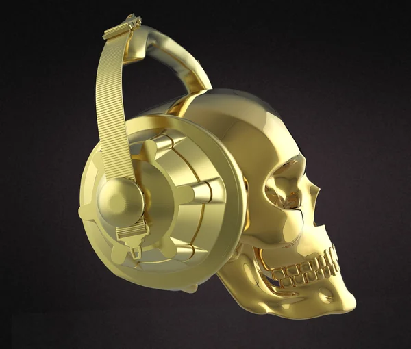 Crânio humano dourado brilhante com fones de ouvido de estúdio, renderizar vista lateral. Modelo de cartaz de festa de Halloween. Fundo escuro isolado — Fotografia de Stock