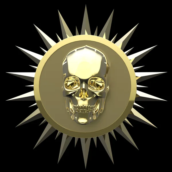 Shiny gold metal skull on matte golden plate with   spikes around,isolated  black, pirates crest. render — Stock Photo, Image