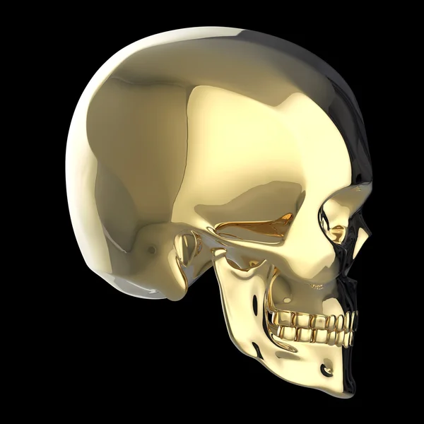 검은 배경에 고립 된 황금 광택 금속 두개골 렌더링 — 스톡 사진