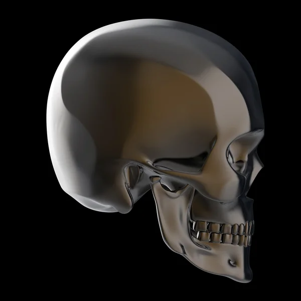 Oscuro brillante pulido cráneo de metal renderizado aislado sobre fondo negro s — Foto de Stock