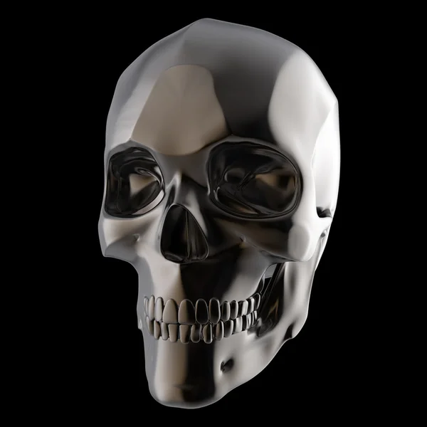 Oscuro brillante pulido cráneo de metal renderizado aislado sobre fondo negro s — Foto de Stock