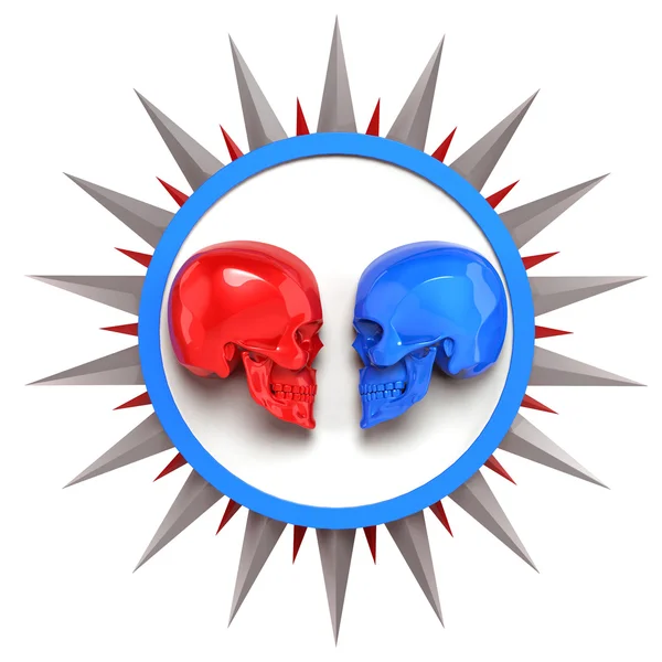 Roșu vs albastru metalic pictate cranii strălucitoare pe placă albă cu strălucire vârf stea în jurul valorii de, randare. fundal izolat, șablon poster de luptă dj — Fotografie, imagine de stoc