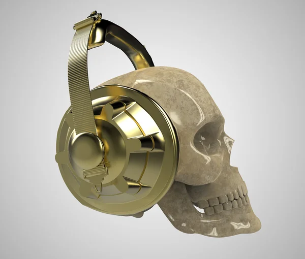 Błyszczący kamień ludzką czaszkę z golden studio słuchawki, renderowania widoku z przodu. Halloween party plakat szablon. Na białym tle światła — Zdjęcie stockowe