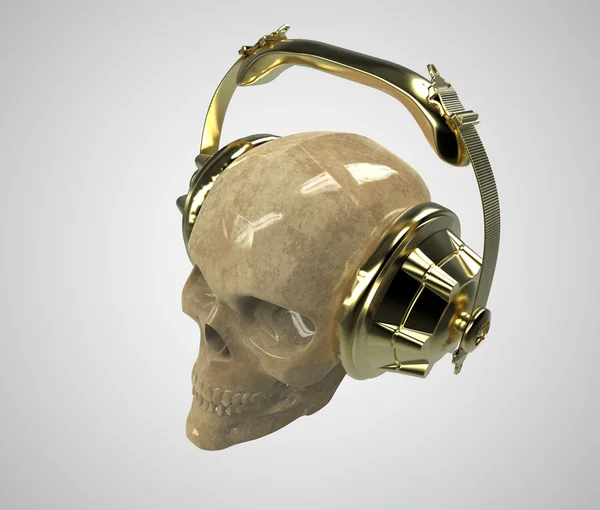 Brillante cráneo humano de piedra con auriculares de estudio de oro encendido, vista frontal de renderizado. Plantilla de cartel fiesta Halloween. Fondo de luz aislado — Foto de Stock