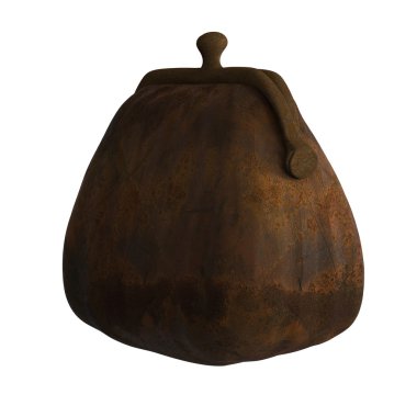worn out rusty iron cast purse isolated on white background 3 4 side view, metaphor of economical crisis render